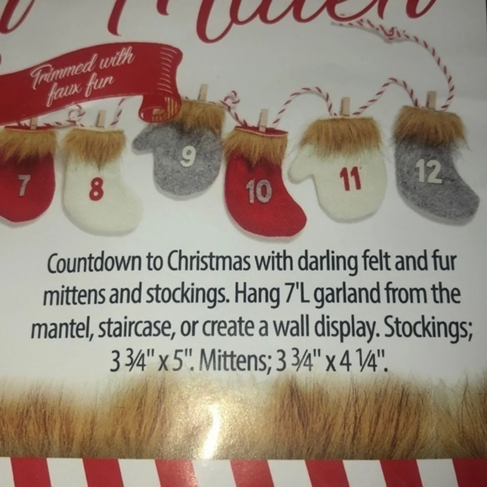 Holiday Farmhouse Countdown To Christmas Mantle Garland Mittens‎ New
